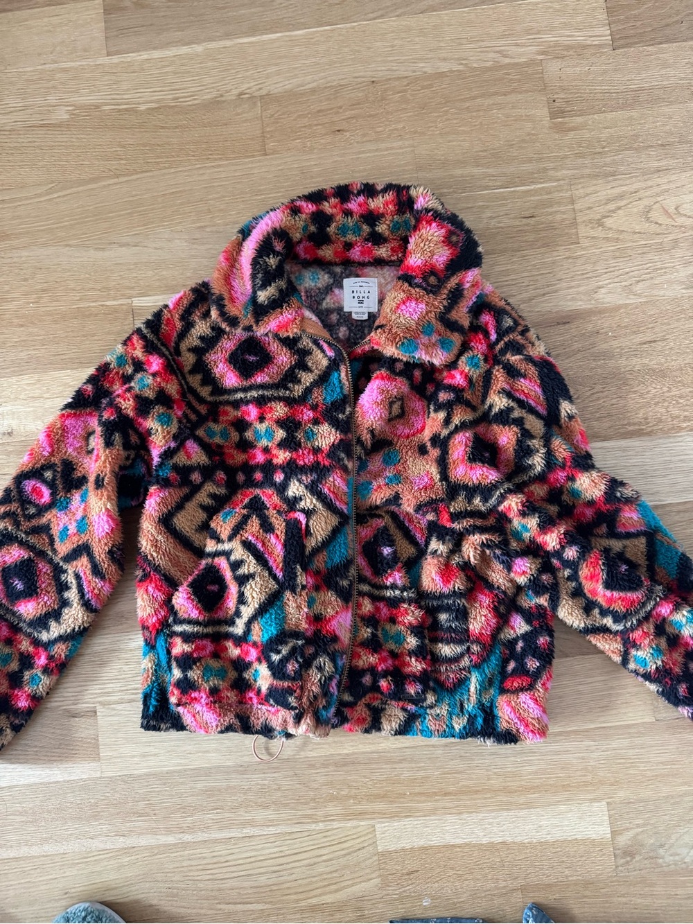 Billabong Multicolor Faux Sherpa Jacket - Pink & Orange Aztec